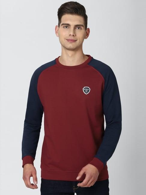 peter england maroon & navy slim fit colour block sweatshirt