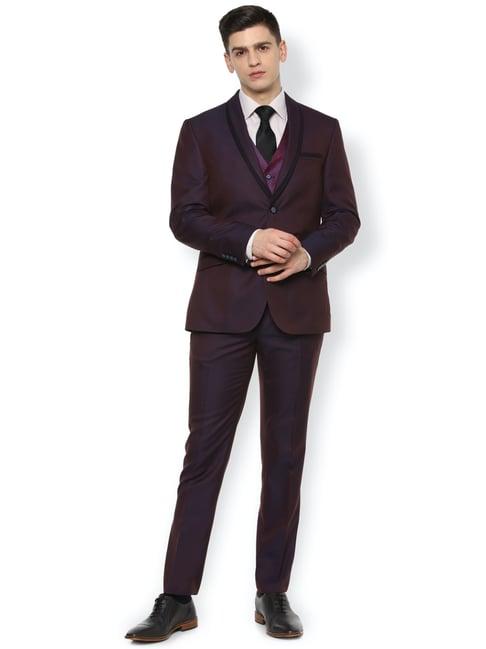 van heusen maroon slim fit self pattern three piece suit