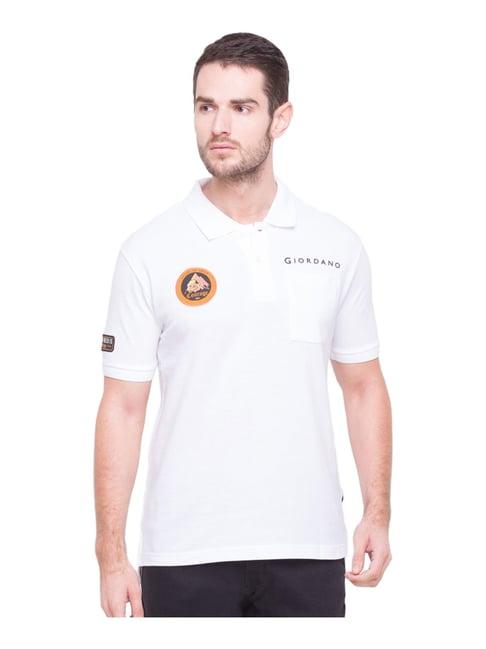 giordano white cotton slim fit logo printed polo t-shirt