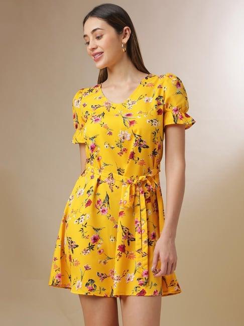 campus sutra yellow floral print dress