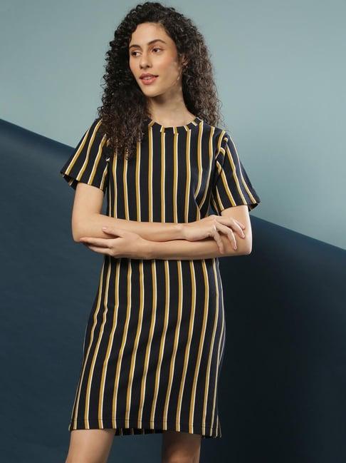 campus sutra black striped dress