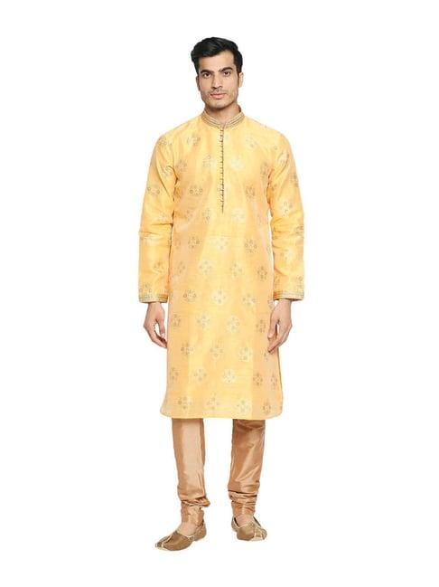 ethnicity yellow & beige floral print kurta with churidar set