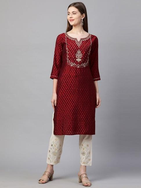 fashor red embroidered a line kurta