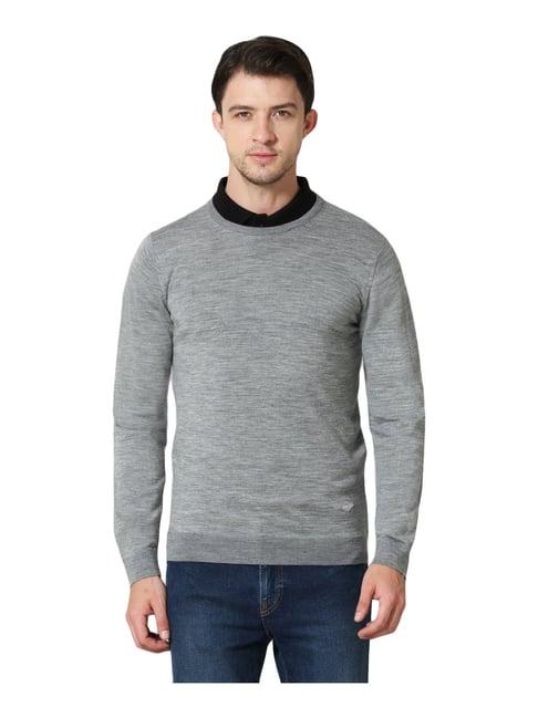 van heusen athleisure regular fit crew neck full sleeve solid sweater - grey melange