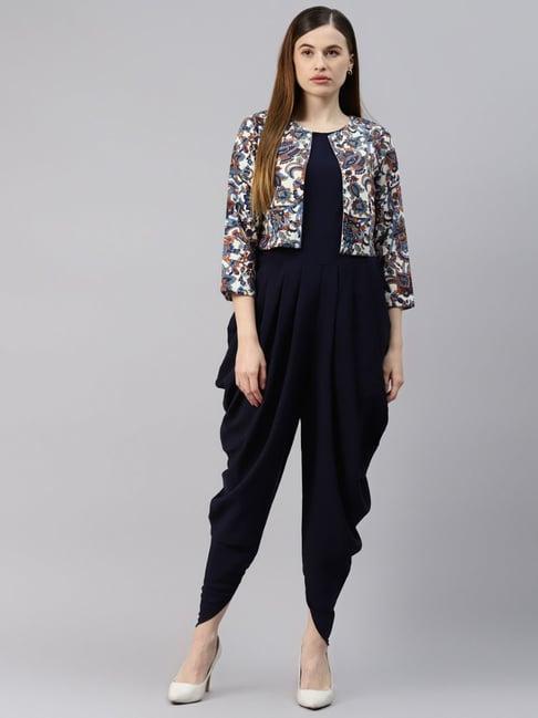 cottinfab multicolor printed crepe jumpsuit with jacket