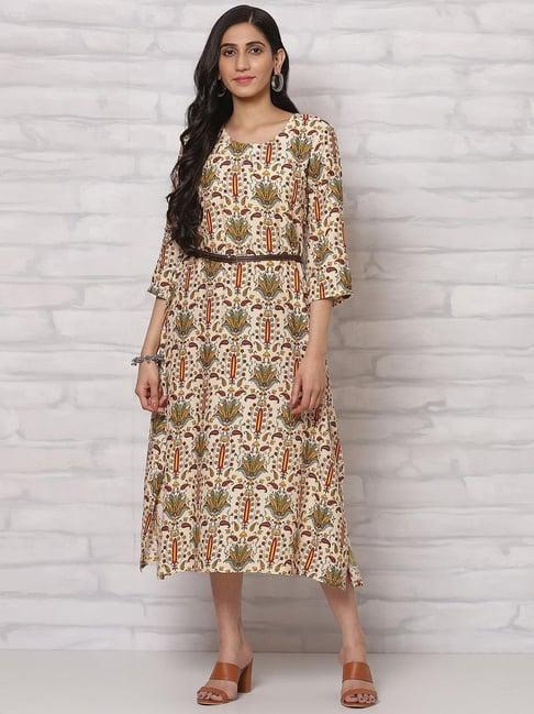 rangriti beige printed a-line dress