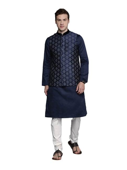 manyavar navy & white printed kurta with jacket & churidar set