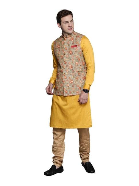 manyavar yellow & beige floral print kurta with jacket & churidar set