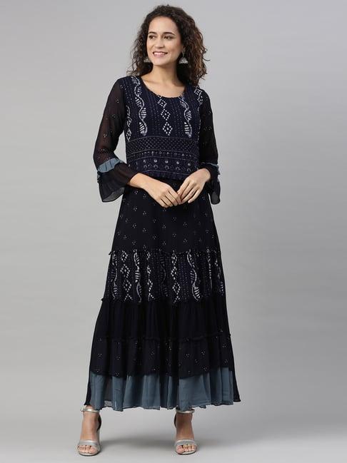 neerus navy embellished flared kurta