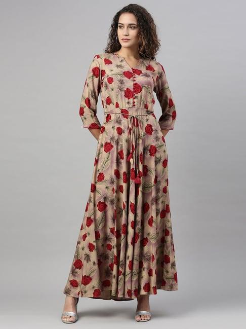 neerus beige floral print flared kurta