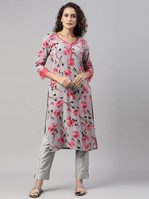 neerus grey & pink floral print straight kurta