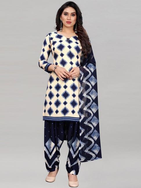 satrani white & blue printed unstitched dress material