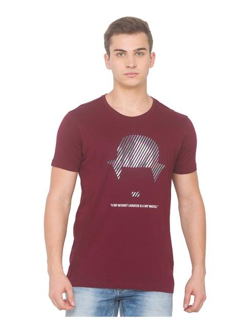 spykar wine cotton slim fit printed t-shirt