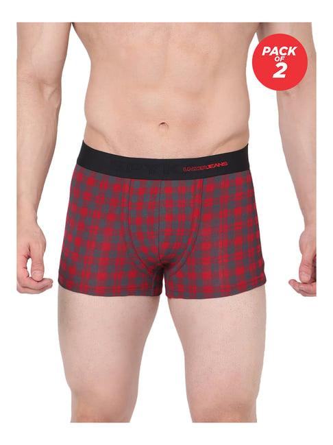 underjeans by spykar red & grey check trunks - pack of 2