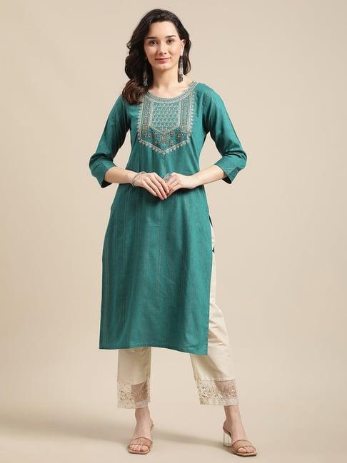 ksut green & off-white embroidered kurta pant set