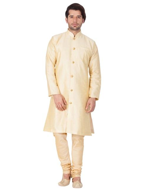 vastramay gold regular fit striped sherwani set