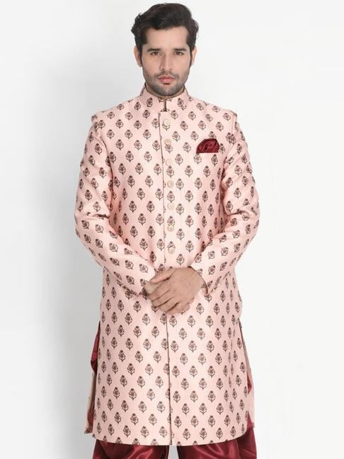 vastramay peach regular fit printed sherwani only top