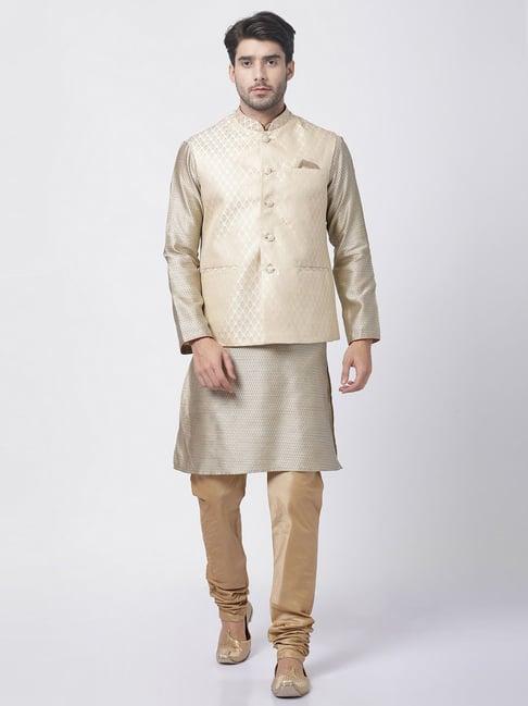 vastramay beige & gold straight fit printed kurta set with jacket