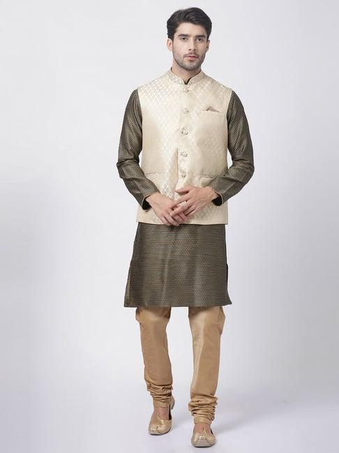 vastramay black & beige straight fit printed kurta set with jacket