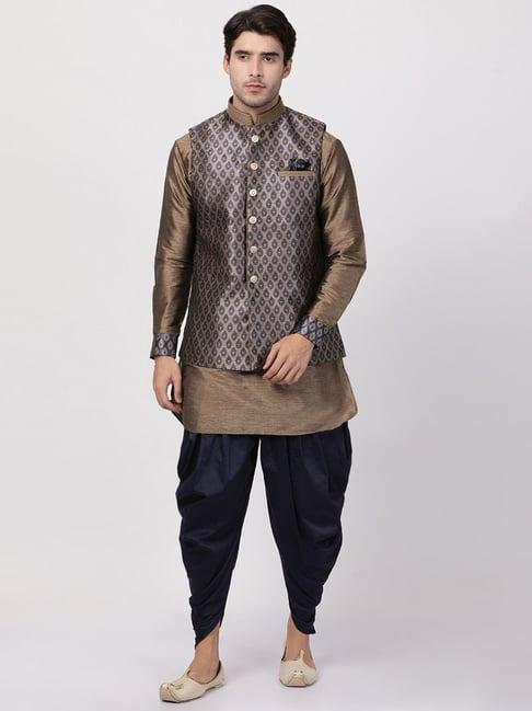 vastramay navy & grey straight fit printed kurta set with jacket