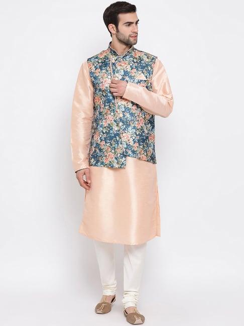 vastramay peach & blue straight fit floral print kurta set with jacket