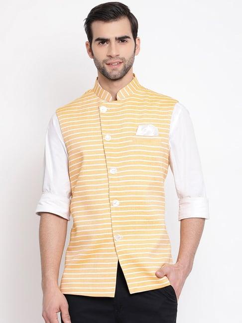 vastramay orange cotton straight fit striped nehru jacket