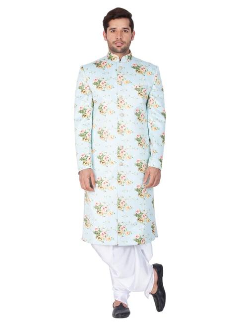 vastramay blue cotton regular fit floral print sherwani set