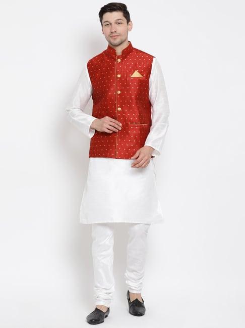 vastramay white & red straight fit printed kurta set with jacket