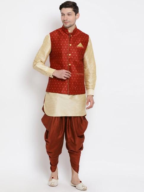 vastramay gold & red straight fit printed kurta set with jacket