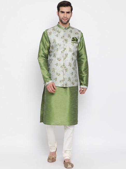 vastramay green & white straight fit floral print kurta set with jacket