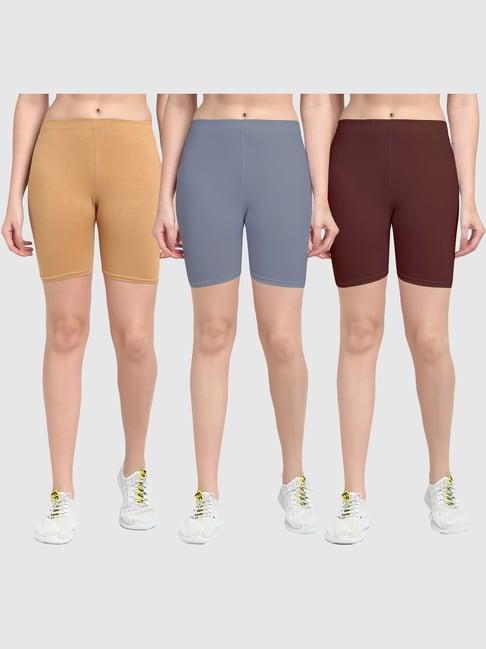 gracit beige & grey cotton sports shorts - pack of 3