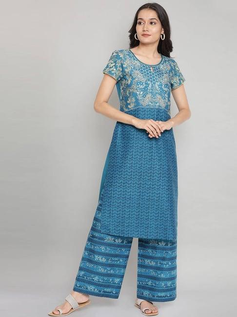 aurelia blue cotton floral print straight kurta