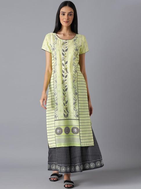 aurelia yellow cotton printed straight kurta