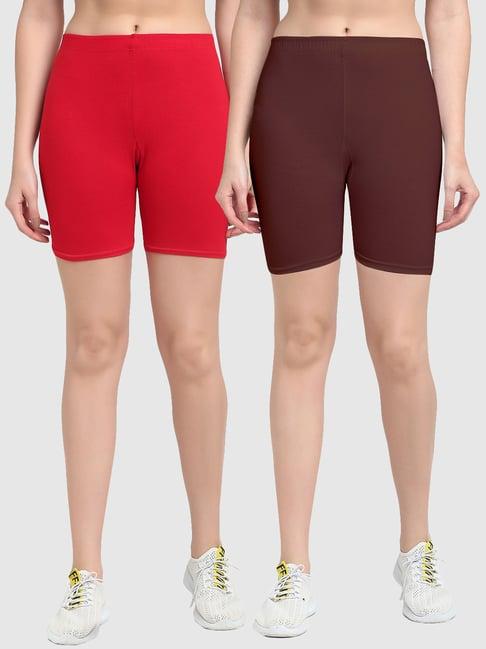 gracit red & brown cotton sports shorts - pack of 2