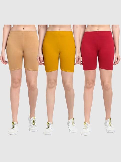 gracit beige & yellow cotton sports shorts - pack of 3