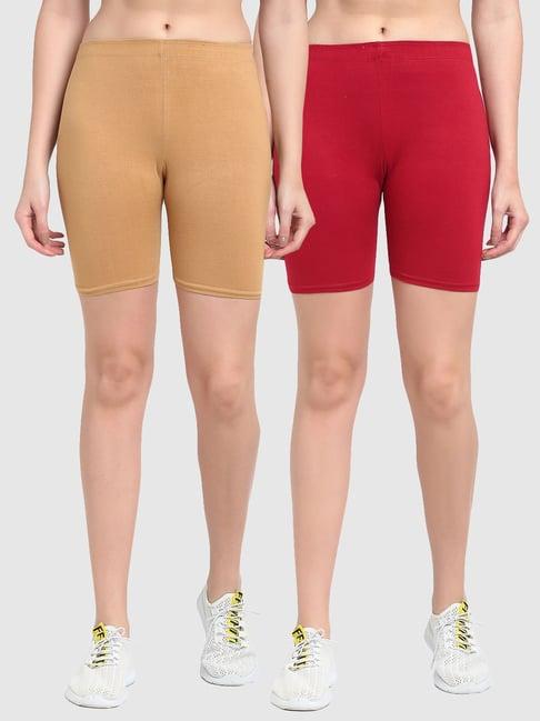 gracit beige & maroon cotton sports shorts - pack of 2