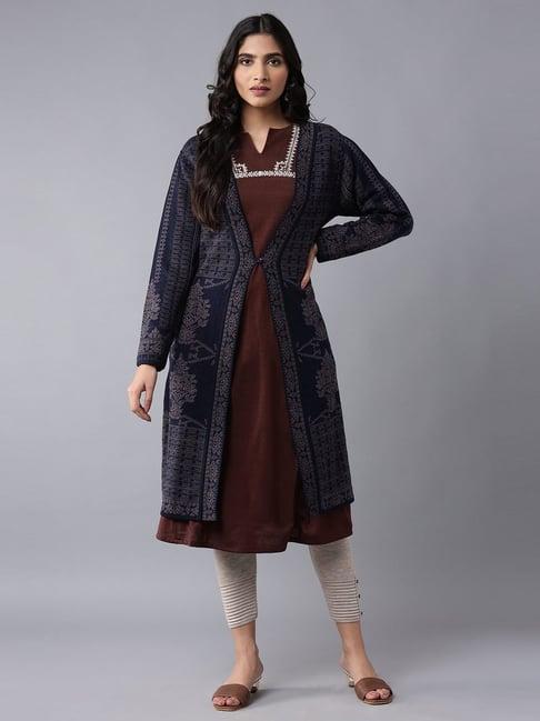 w navy printed cardigan