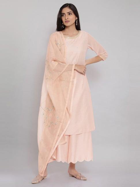 wishful by w peach embellished kurta palazzo set with dupatta