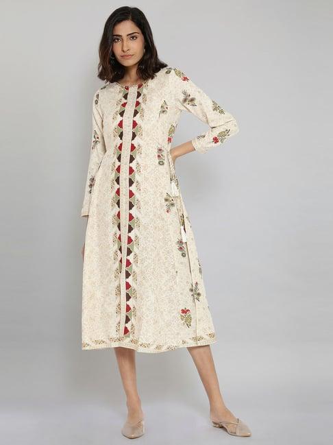 w beige floral print a line kurta