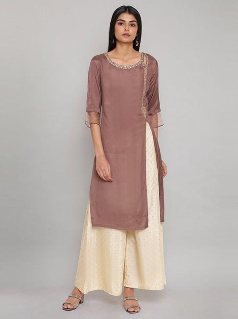 w brown & off-white embroidered kurta palazzo set