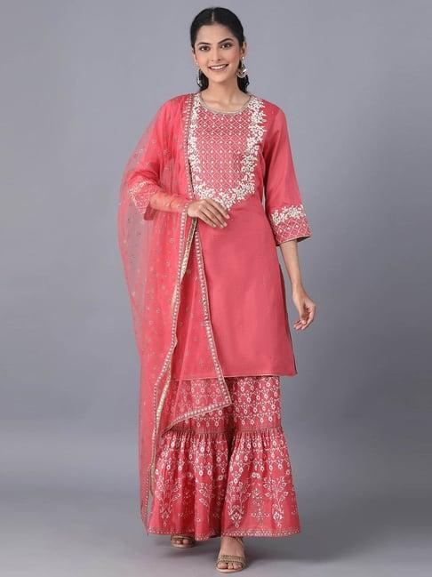 wishful by w coral embroidered kurta sharara set with dupatta