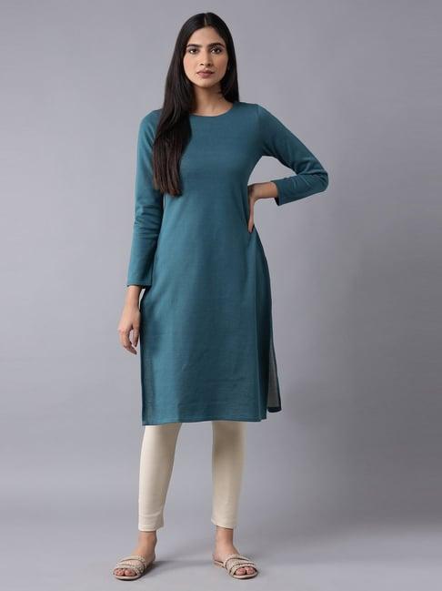 w teal blue straight kurta