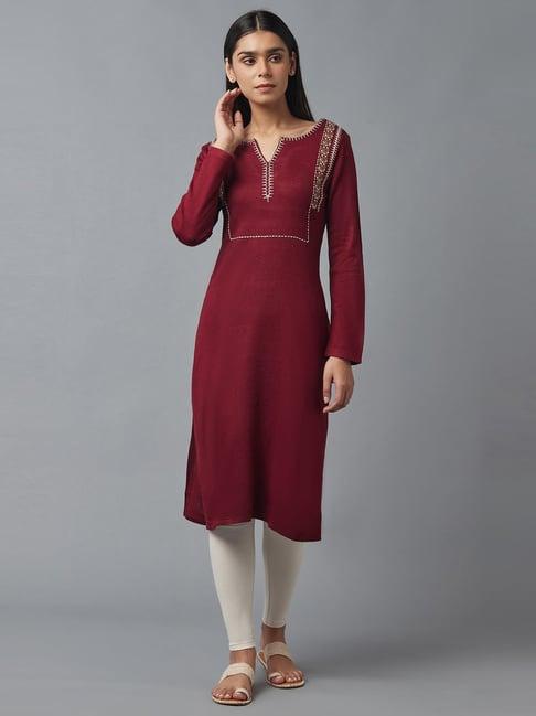 w red embroidered straight kurta