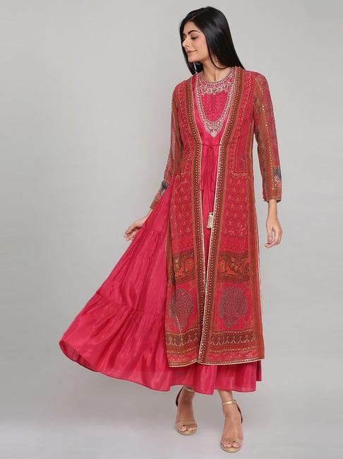 wishful by w red embroidered a line kurta with jacket