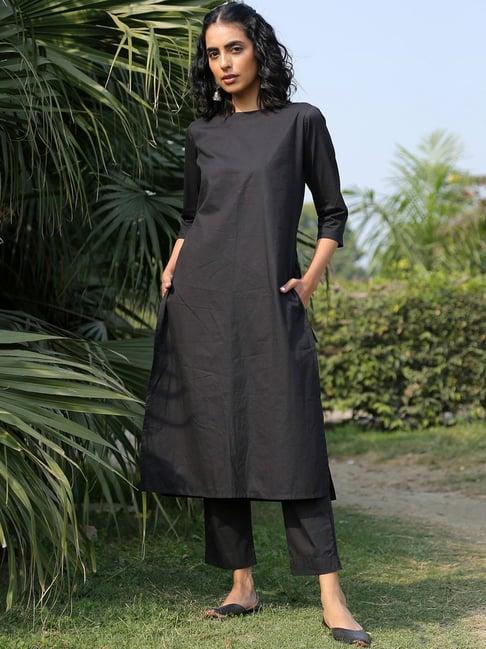 okhai black pure cotton kurta pant set