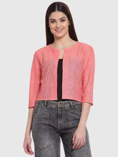 style quotient women coral self design floral lace regular open front shrug