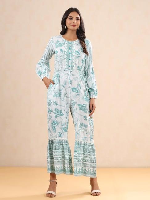 juniper teal floral printed rayon flared jumpsuit