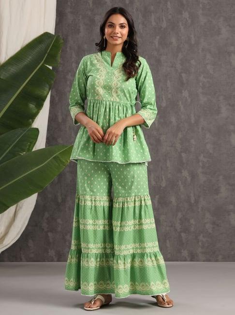 juniper green ethnic motif printed pure cotton tunic & sharara with sequins & lace detail