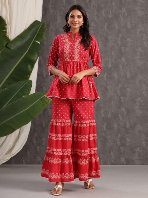 juniper red ethnic motif printed pure cotton tunic & sharara with sequins & lace detail