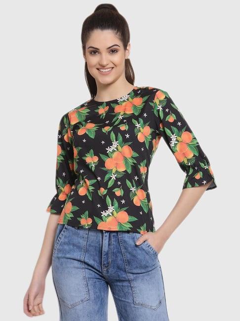 style quotient women black and multi tropical printed polycotton smart casual top